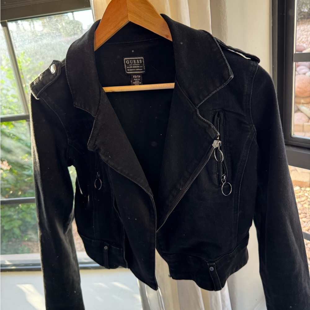 Guess Black Leather Moto Jacket with Cropped Design